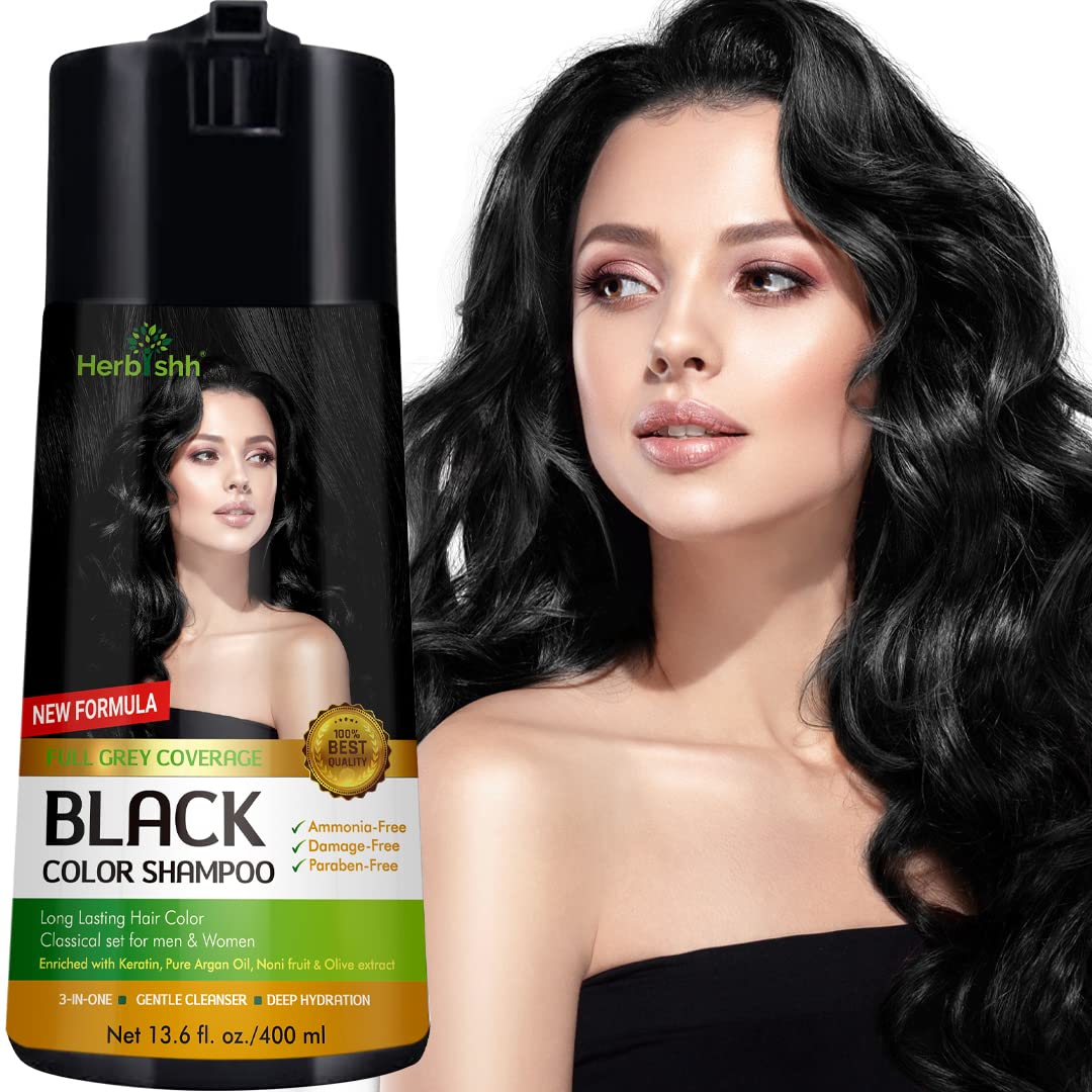 Herbishh Hair Color Shampoo for Gray Hair - Enriched Formula with Keratin & Tuber Fleece Flower - Full Grey Coverage, Easy to Use, Long lasting, Instant - Black (400ml)