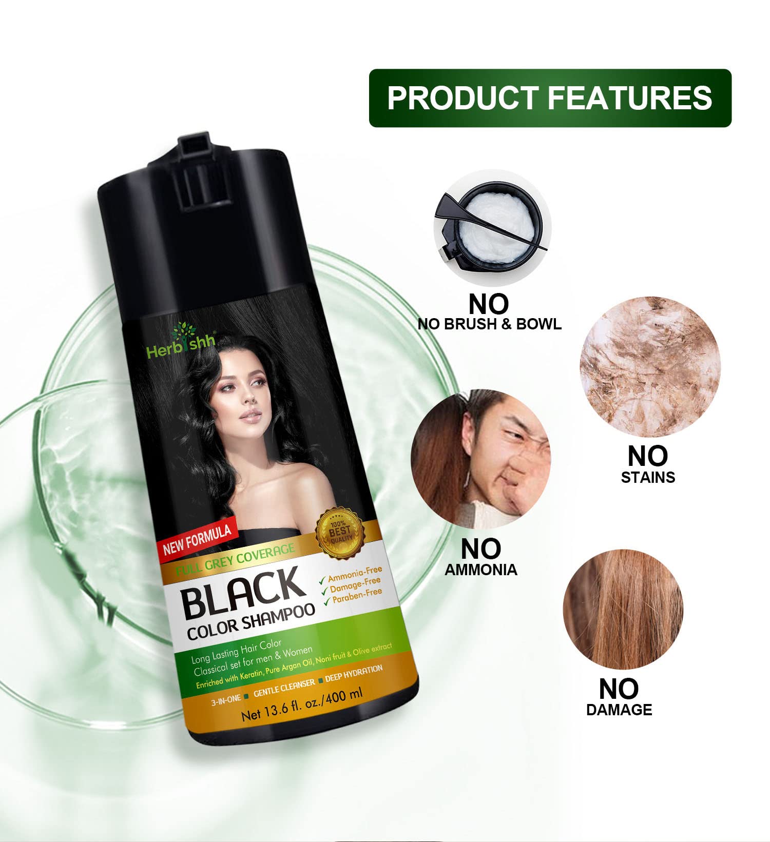 Herbishh Hair Color Shampoo for Gray Hair - Enriched Formula with Keratin & Tuber Fleece Flower - Full Grey Coverage, Easy to Use, Long lasting, Instant - Black (400ml)