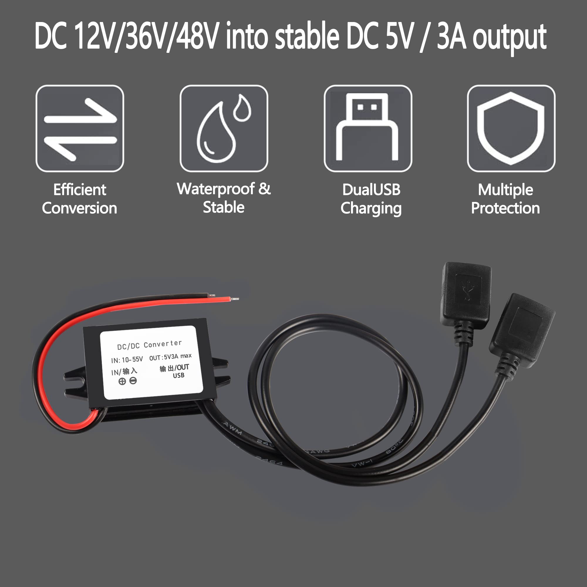 MEIRIYFA 12V to 5V USB Converter DC Buck Module 12V 36V 48V Step-Down Convert to 5V Dual USB Female 10-55V to 5V 3A 15W Adapter DC to DC Regulator Car Power Converter