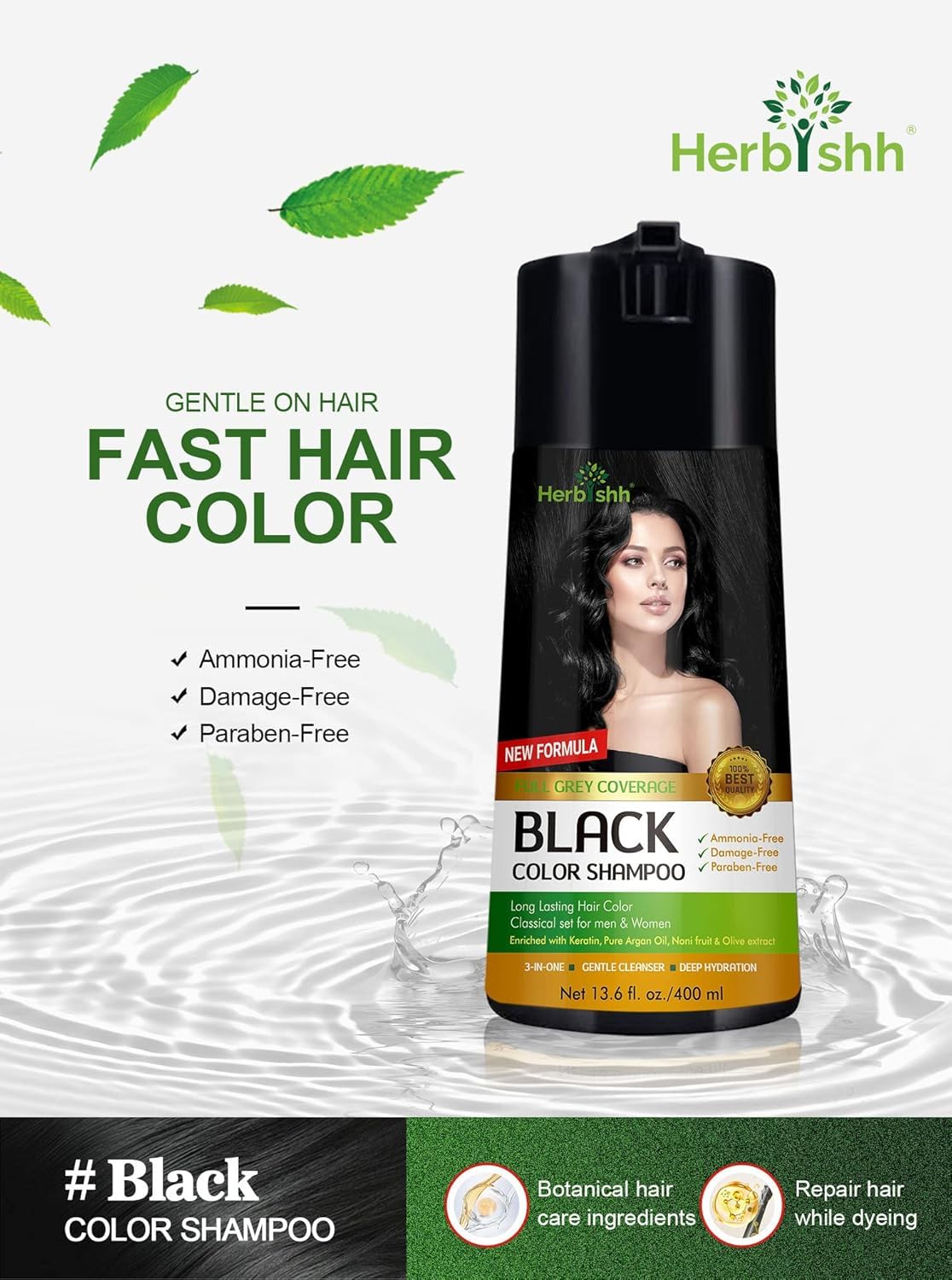 Herbishh Hair Color Shampoo for Gray Hair - Enriched Formula with Keratin & Tuber Fleece Flower - Full Grey Coverage, Easy to Use, Long lasting, Instant - Black (400ml)