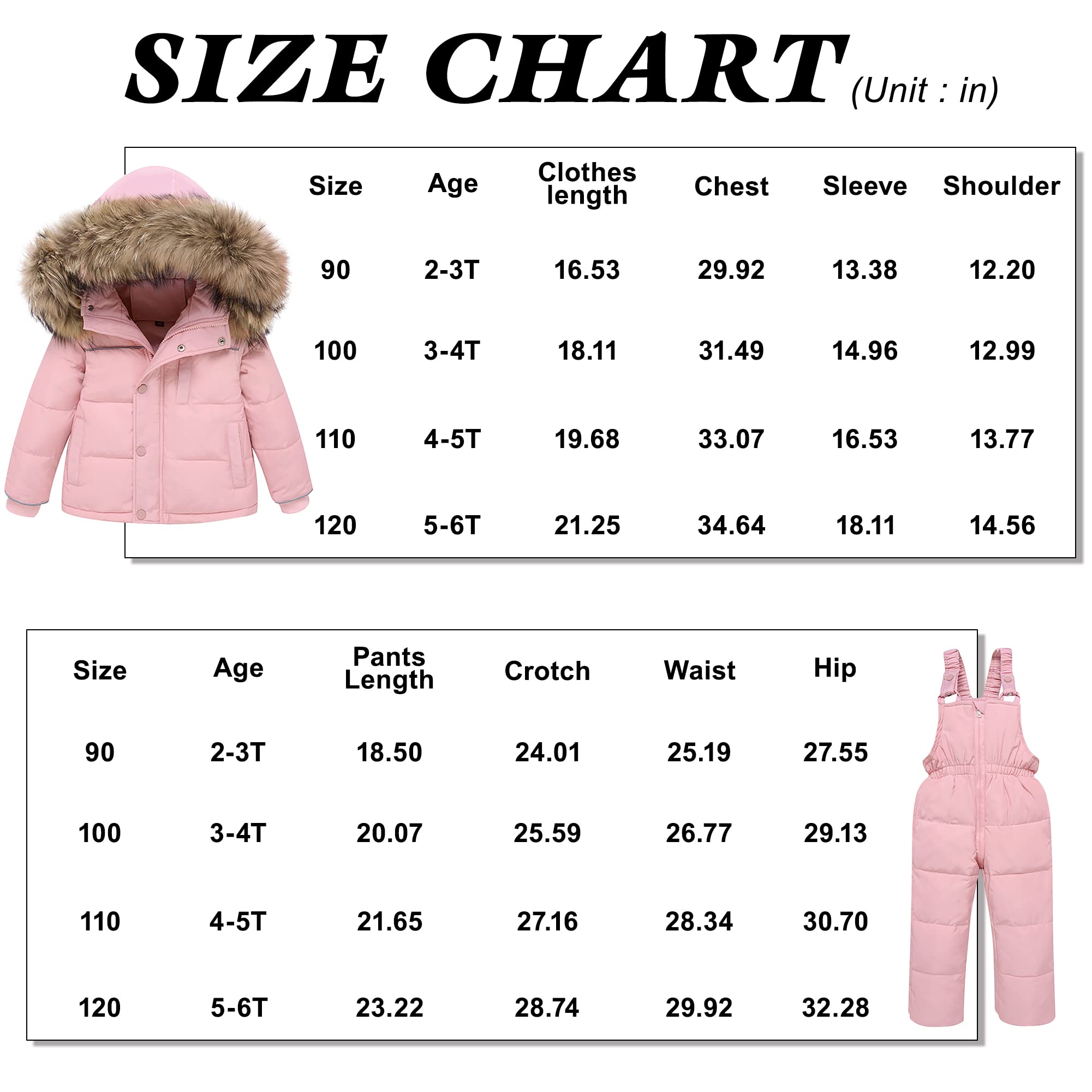 nilikastta 4-5T Toddler Girls Snowsuit Winter Clothes Baby Girl Down Jacket Kids Hooded Fur Coat + Ski Bib Pants Snow Outfits(Pink,4-5T)