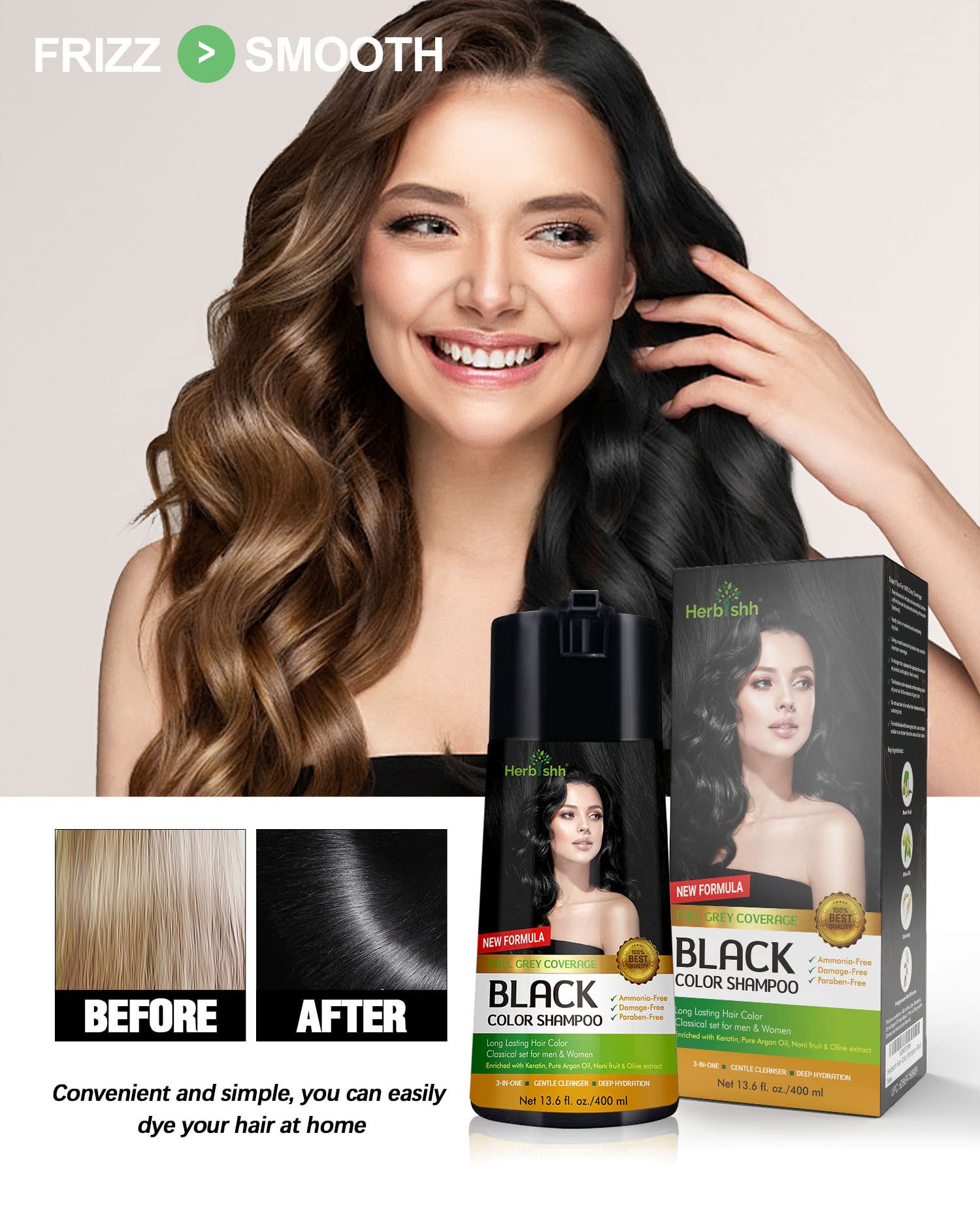 Herbishh Hair Color Shampoo for Gray Hair - Enriched Formula with Keratin & Tuber Fleece Flower - Full Grey Coverage, Easy to Use, Long lasting, Instant - Black (400ml)