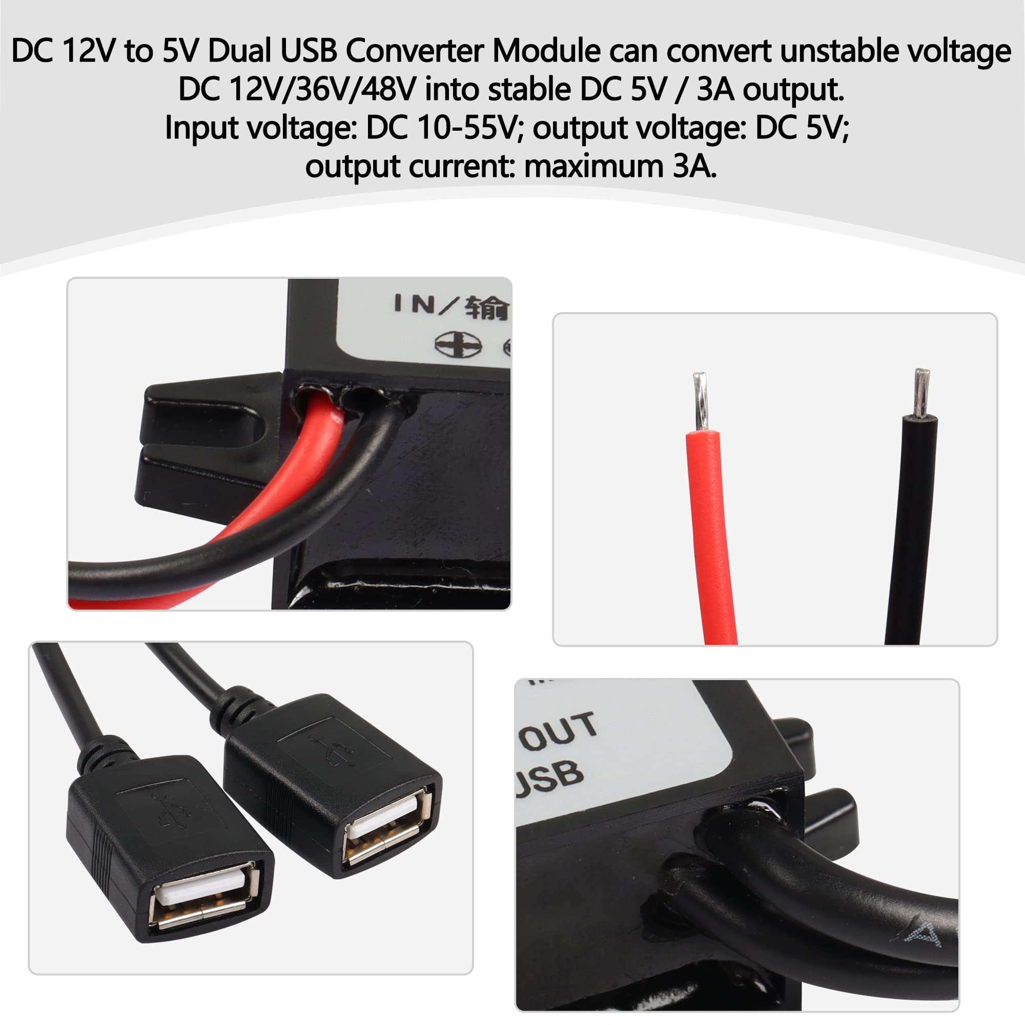 MEIRIYFA 12V to 5V USB Converter DC Buck Module 12V 36V 48V Step-Down Convert to 5V Dual USB Female 10-55V to 5V 3A 15W Adapter DC to DC Regulator Car Power Converter