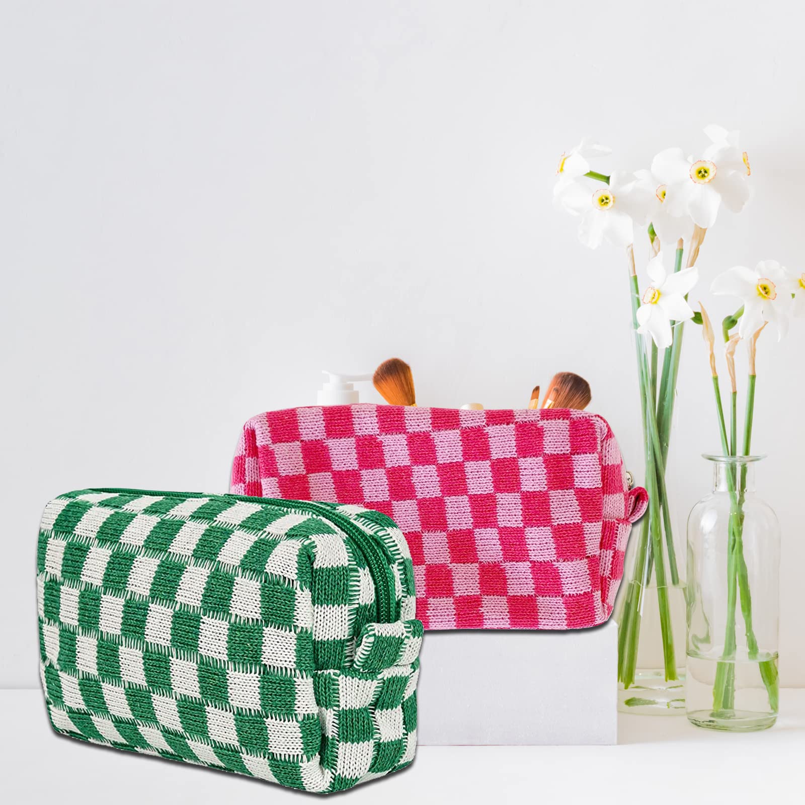 EYNDYN 4 PCS Checkered Makeup Bag Cosmetic Bag for Women Checkered Pouch Plaid Makeup Bag for Women Large Capacity Pencil Case Makeup Brushes Storage Bag Travel Toiletry Bag Organizer