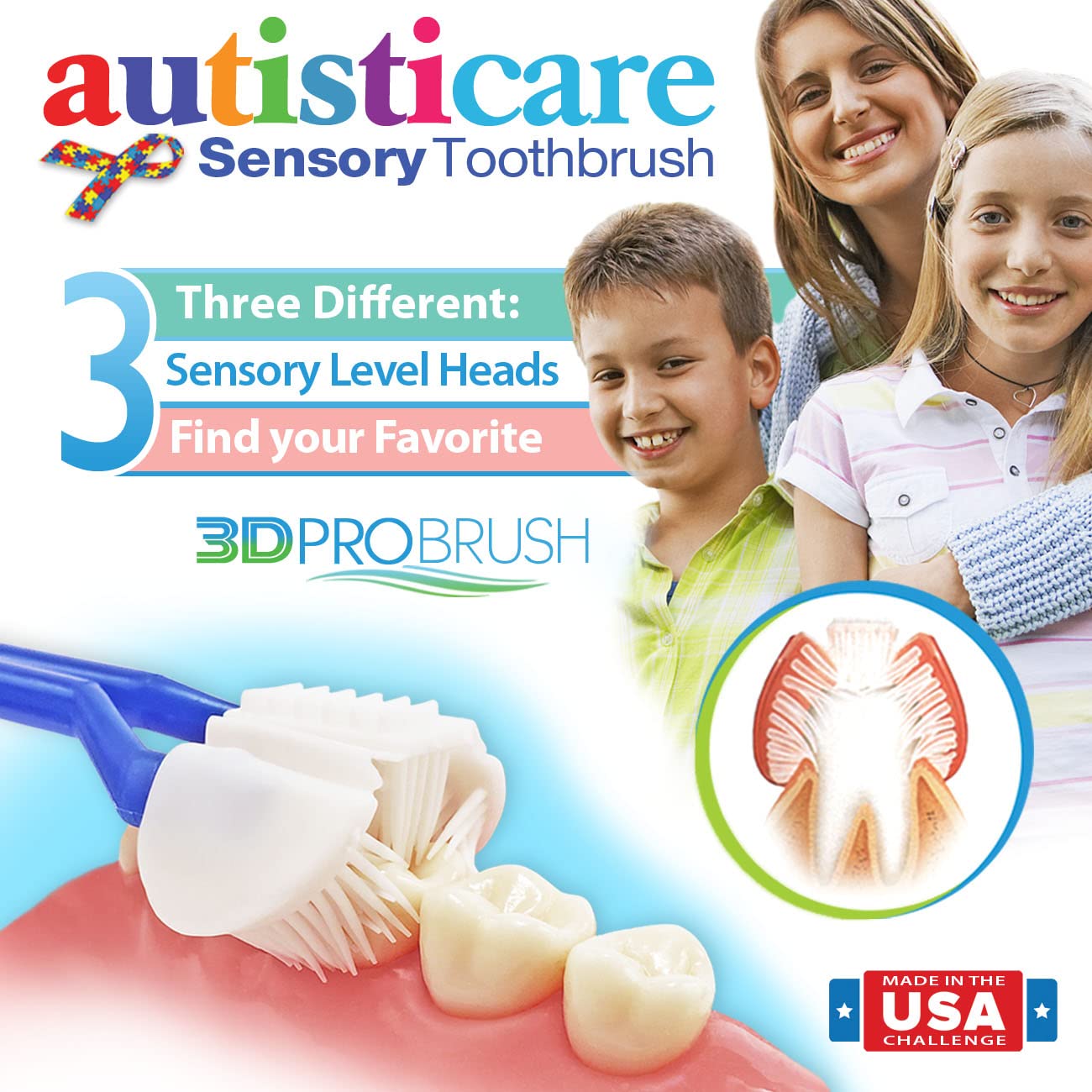 autisticare New Softer Feel Sensory 3-Sided Toothbrush 3-PK | Autism Spectrum Special Needs Asperger's Complete Dental Care Tactile Child Calming Gift Therapy Gum Health Fidget Caregiver Made in USA