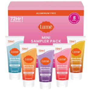 lume whole body deodorant 5 pack sampler - invisible cream minis - 72 hour odor control - aluminum & baking soda free (clean tangerine, lavender sage, peony rose, toasted coconut, unscented)