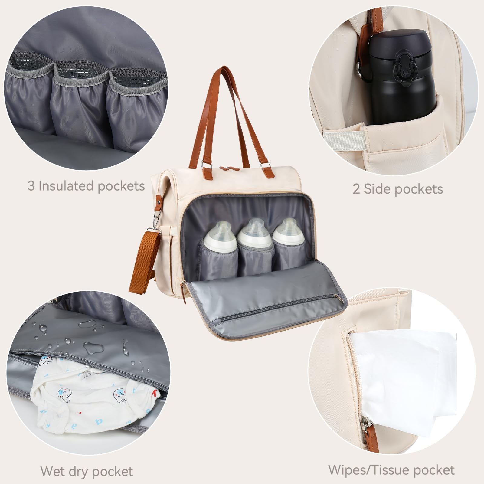 Diaper Bag Backpack Baby Bag, 4 in 1 Diaper Bag Tote, Mom Bag for Hospital with 14 Pockets, Diaper Tote Bag for Labor & Delivery, Large Waterproof Baby Travel Bag with 3 Insulated Pockets, Beige