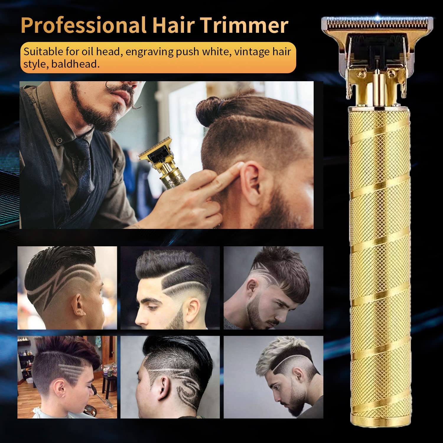 Hair Trimmer for Men, Professional Electric Hair Clippers Cordless Beard Trimmer Shaver Electric T Blade Hair Trimmer, Zero Gapped Hair Clippers Cutting Grooming Kit with Guide Combs, Gold