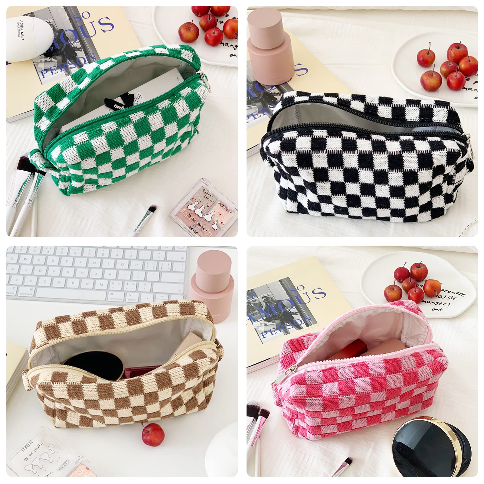 EYNDYN 4 PCS Checkered Makeup Bag Cosmetic Bag for Women Checkered Pouch Plaid Makeup Bag for Women Large Capacity Pencil Case Makeup Brushes Storage Bag Travel Toiletry Bag Organizer