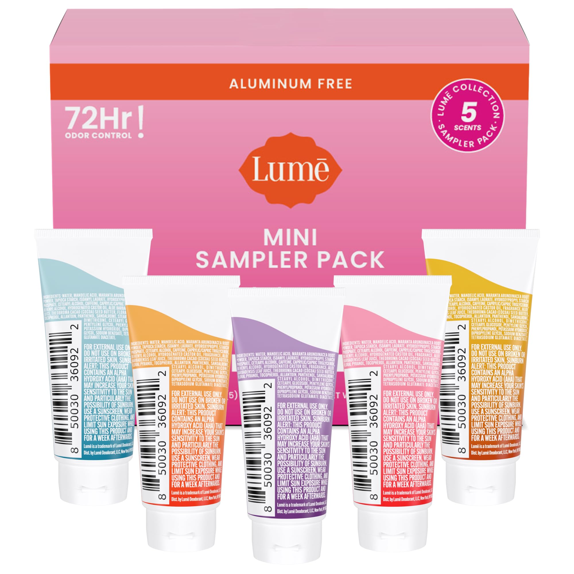 Lume Whole Body Deodorant 5 Pack Sampler - Invisible Cream Minis - 72 Hour Odor Control - Aluminum & Baking Soda Free (Clean Tangerine, Lavender Sage, Peony Rose, Toasted Coconut, Unscented)