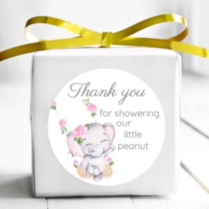 1.9 Inch Stickers Elephant Baby Shower Favors Girl Thank You for Celebrating with Us Gray Pink