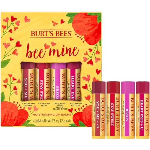 Burt's Bees Bee Mine Lip Balm Gift Set, Strawberry, Dragonfruit Lemon, Pomegranate and Watermelon, 4 Personalized Lip Balms, Pack May Vary