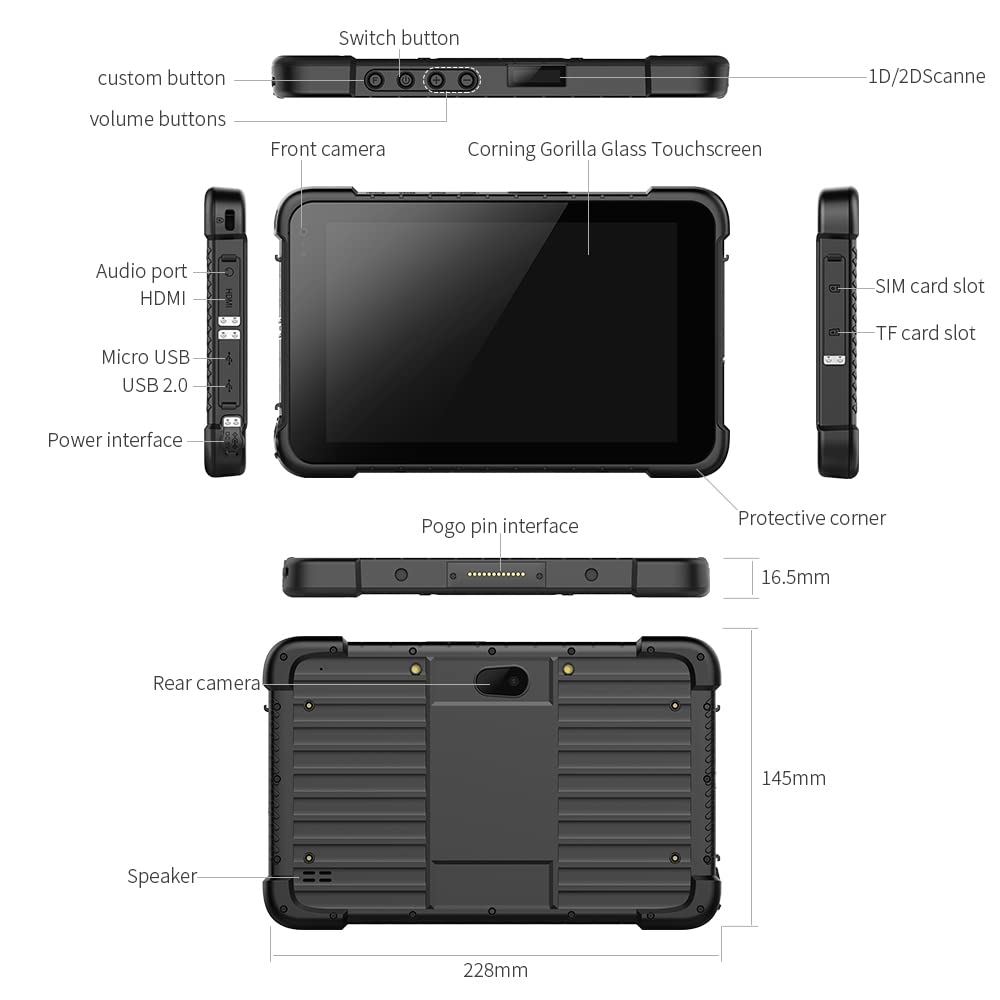 ThinKol 8 Inch Rugged Tablet PC with Windows 10 Pro, 4GB RAM 64GB SSD, GPS, WiFi, Bluetooth, 4G LTE, NFC, Car Holder, Docking Charger, Touch Screen Field Tablet