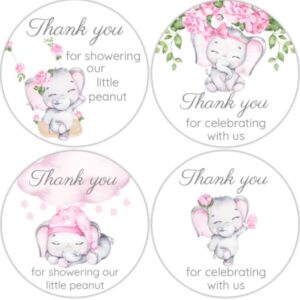 1.9 Inch Stickers Elephant Baby Shower Favors Girl Thank You for Celebrating with Us Gray Pink