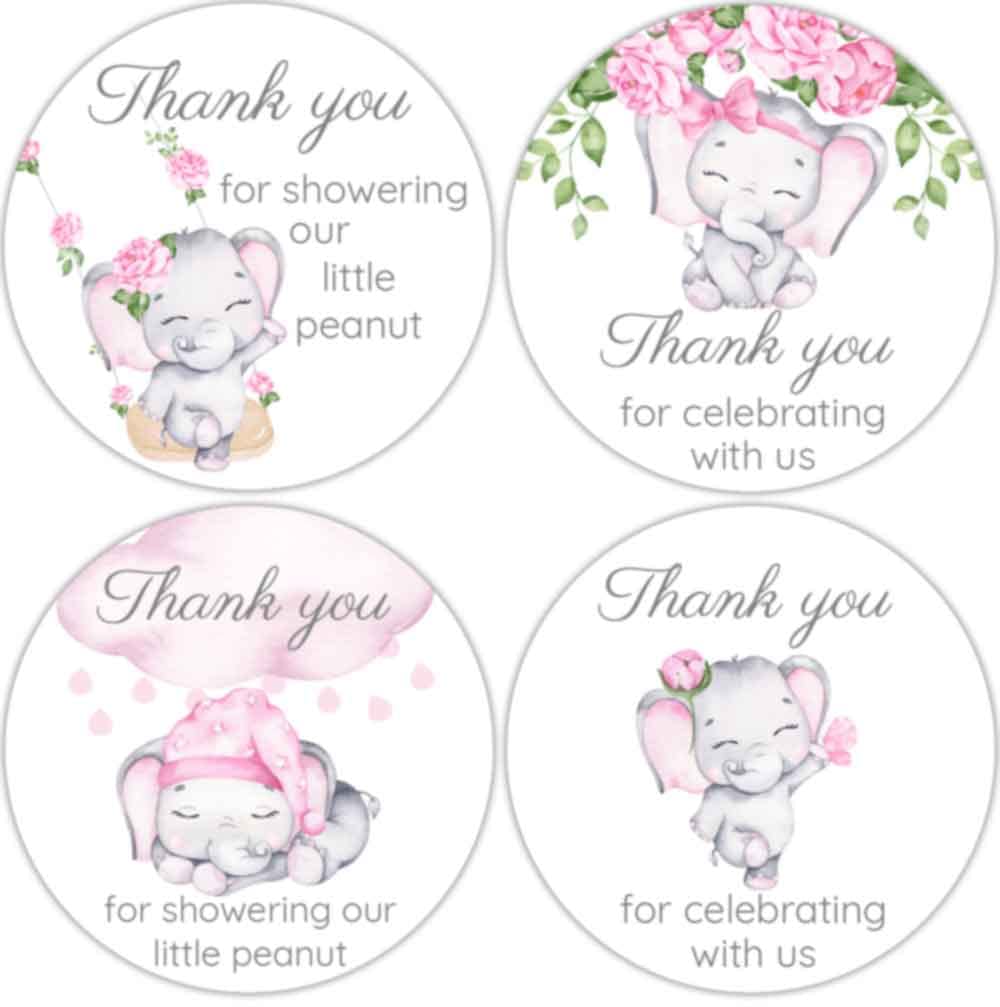 1.9 Inch Stickers Elephant Baby Shower Favors Girl Thank You for Celebrating with Us Gray Pink