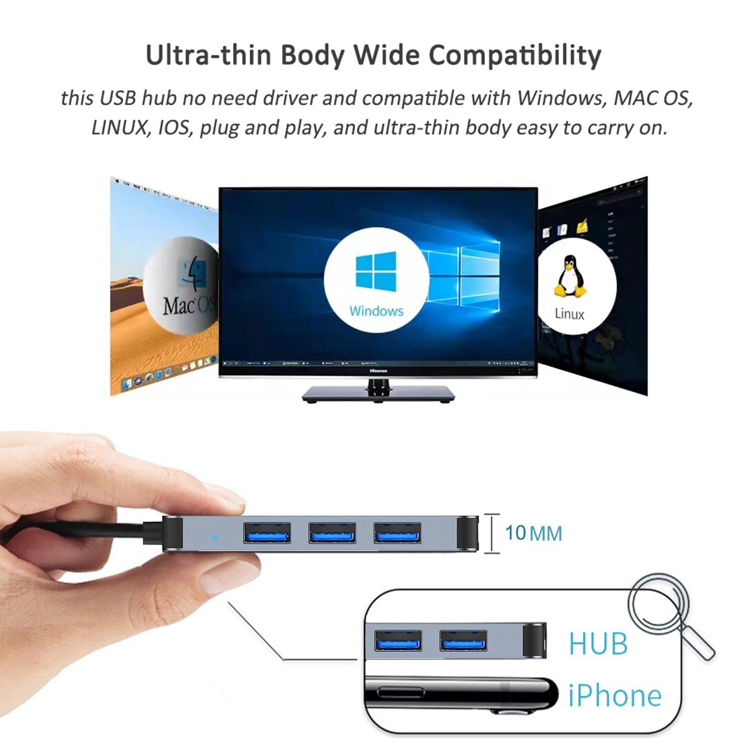 USB Hub 3.0 with 4 Ports, VIENON Aluminum USB C to USB 3.0 Hub USB Splitter for MacBook, Mac Pro/Mini, iMac, Ps4, PS5, Surface Pro,Flash Drive, Samsung and More USB-C Laoptop