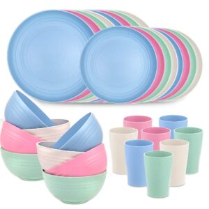 supernal wheat straw dinnerware, microwave dishwasher safe, unbreakable light weight plates service for 8, reusable tableware set, multicolor set 16pcs plates, 8pcs bowls, 8pcs cups