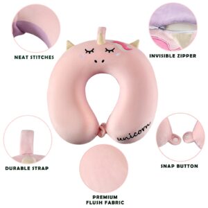 urnexttour Travel Neck Pillow for Kids, Best Unicorn Gifts for Girls with Drawstring Backpack/Necklace/Sleep Mask &Earplugs, Travelling Pillow Set for Airplane, Car, Train, Bus and Home Use (Pink)