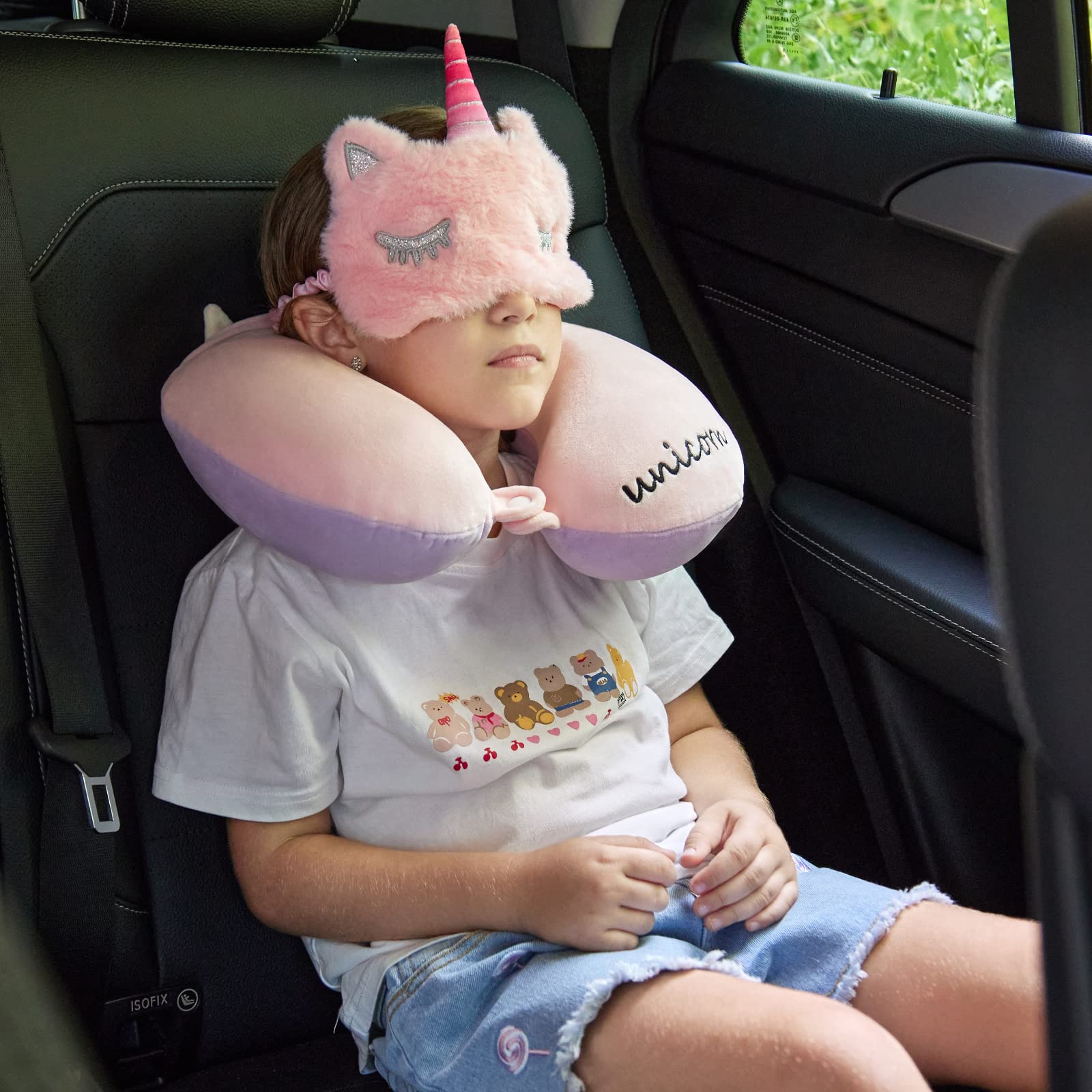 urnexttour Travel Neck Pillow for Kids, Best Unicorn Gifts for Girls with Drawstring Backpack/Necklace/Sleep Mask &Earplugs, Travelling Pillow Set for Airplane, Car, Train, Bus and Home Use (Pink)