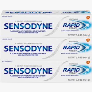 sensodyne fluoride whitening toothpaste, rapid relief and long lasting protection, for sensitive skin, 3.4 ounce (pack of 3)