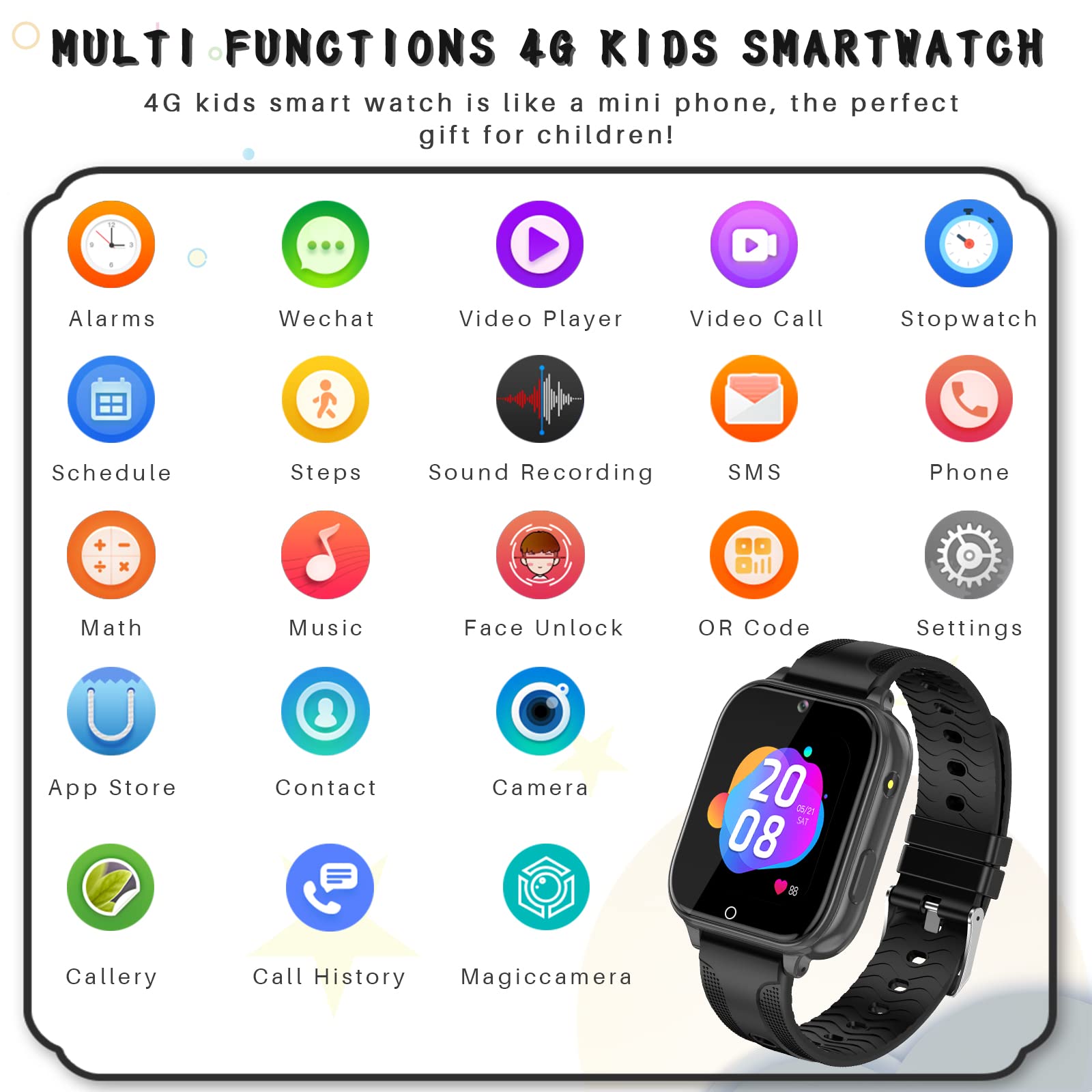 OKYUK 4G SmartWatch for Kids, 1.69'' Touch Screen Child's Mini Cell Phone Watch with GPS Tracker, SOS Calling, Face Unlock Wristwatch for Boys Girls, Birthday Xmas Gifts for Age 3-12 Years (Black)