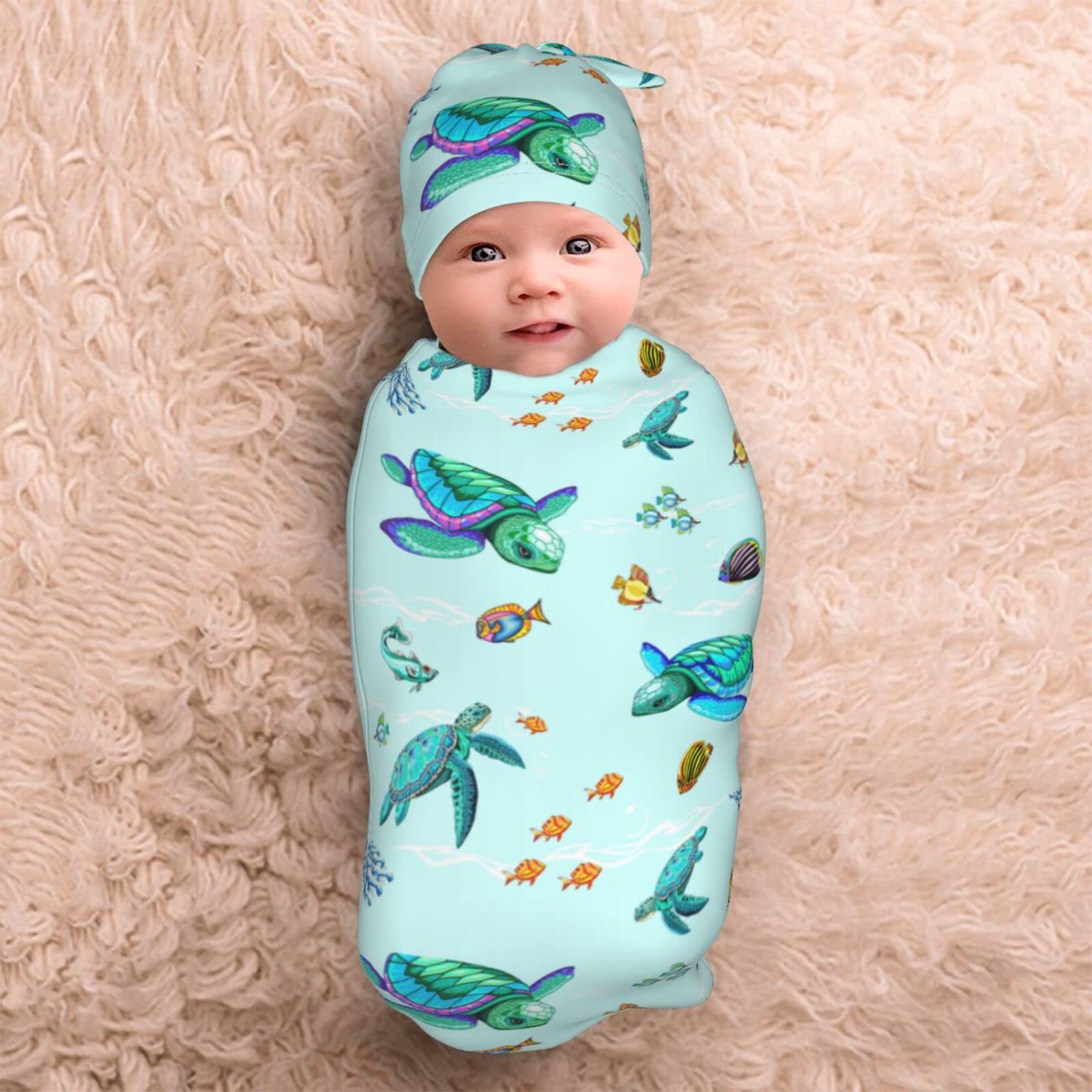 Qwalnely Swaddling Blanket for Baby, Sleeping Sacks, Unisex Baby Stuff with Hat, Turtle