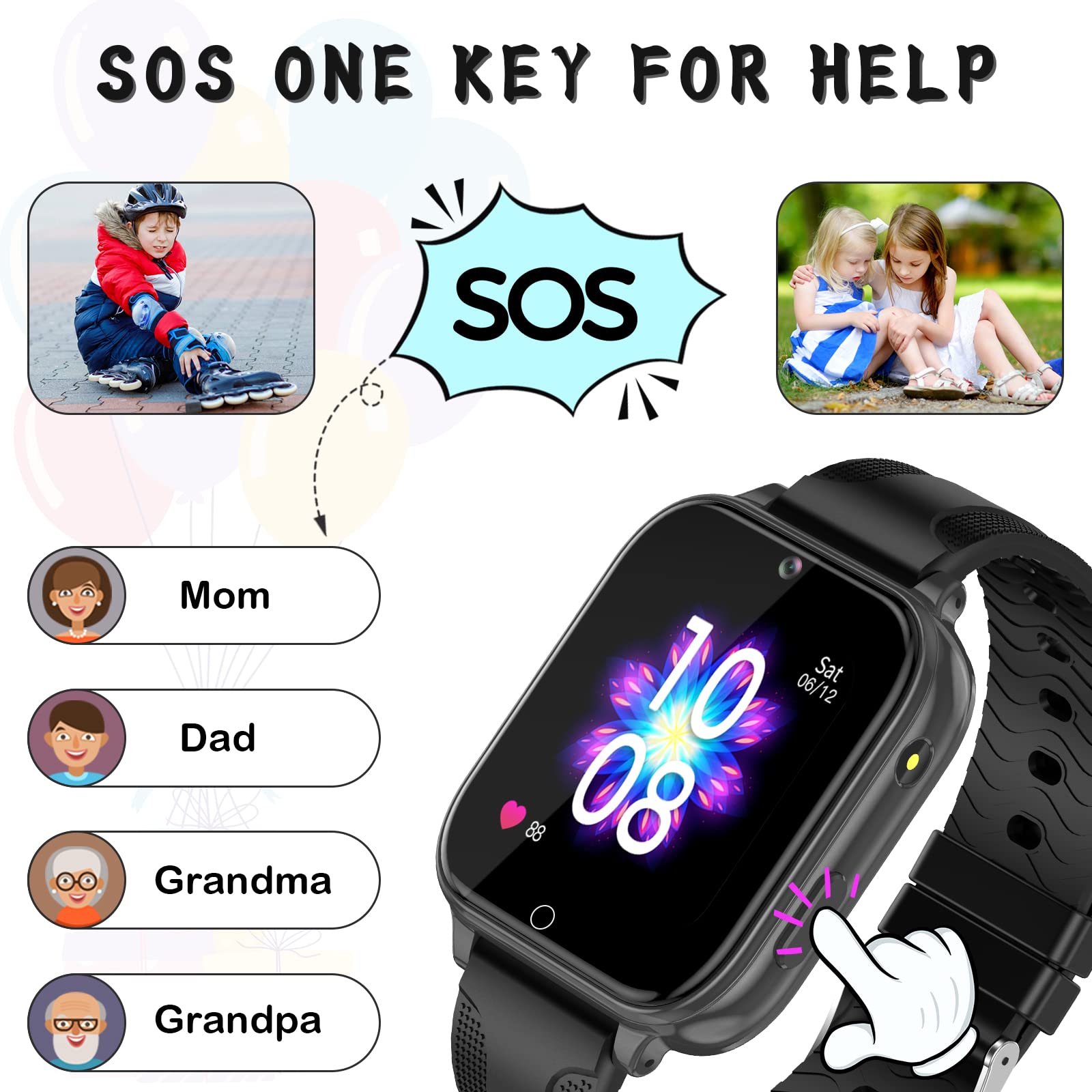 OKYUK 4G SmartWatch for Kids, 1.69'' Touch Screen Child's Mini Cell Phone Watch with GPS Tracker, SOS Calling, Face Unlock Wristwatch for Boys Girls, Birthday Xmas Gifts for Age 3-12 Years (Black)