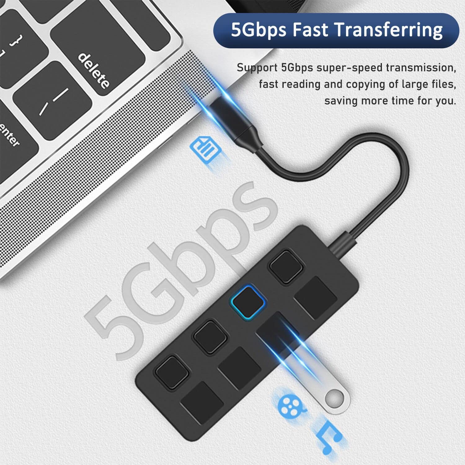 USB Hub 3.0, VIENON 4-Port USB 3.0 Data Hub with LED Power Switches, USB Extender USB Port Hub for MacBook & PC/Laptop