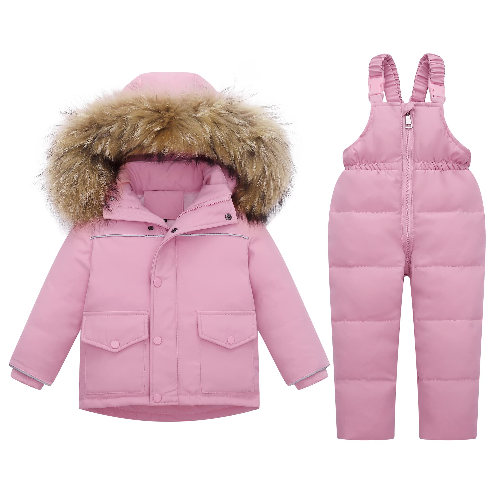 Fewlby Kids 2-Piece Snowsuit Toddler Baby Boys Girls Winter Wear Ski Jacket & Snow Bib Pants Ski Suit, Pink 2-3 Years