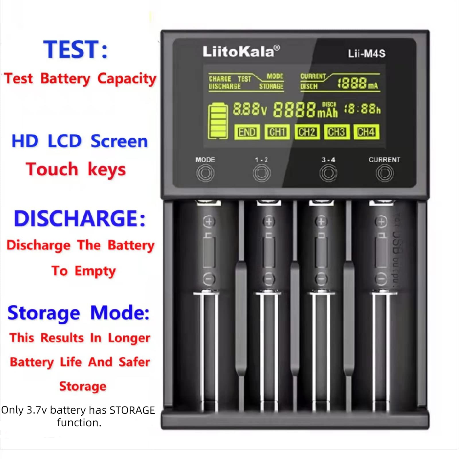 4-Bay 18650 Battery Charger，Test Battery Capacity，Touch Button,Universal Battery Charger for: 3.7V 26650 20700 18650 18350 1.2V NiMH/Cd AA AAA Size Batteries