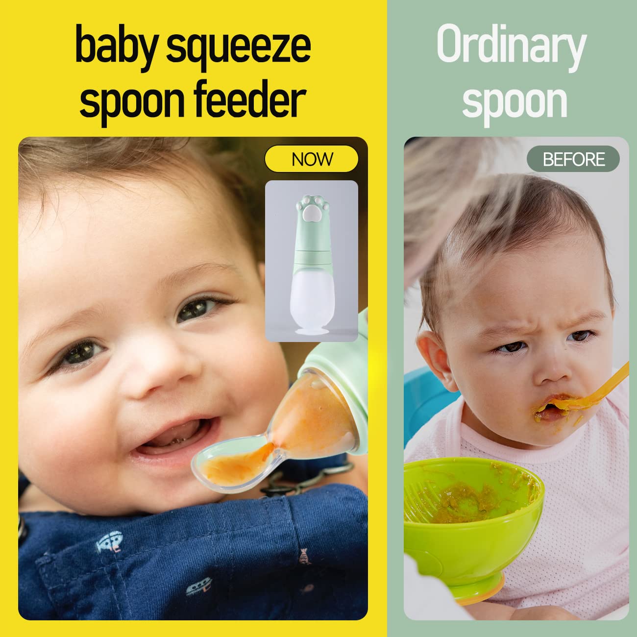 SANFE ELEPHANT Baby Spoons, Silicone Baby Food Dispensing Spoon, Squeeze Feeding Spoon with Cartoon Dust Cover, 4 oz. (Green)