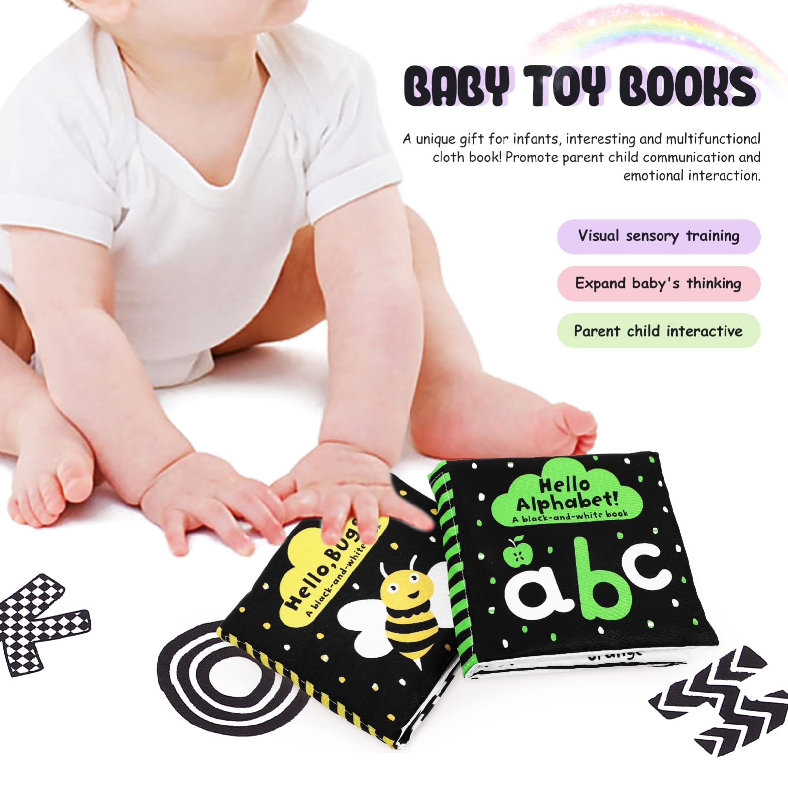 Toyvian 2 Pcs Baby Soft Cloth Book, Black and White High Contrast Baby Activity Crinkle Books Early Educational Learning Toys for 0 3 6 9 12 Months Newborn Infants Babies Boys and Girls