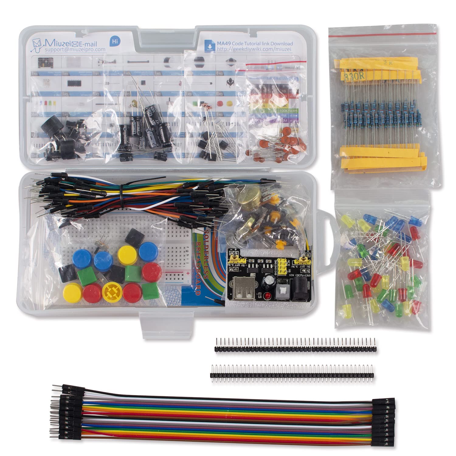 Miuzei Basic Starter Kit for Arduino Projects, Breadboard, Jumper Wires, Power Supply, Resistors, LED, Electronic Kit Compatible with Arduino, Raspberry Pi