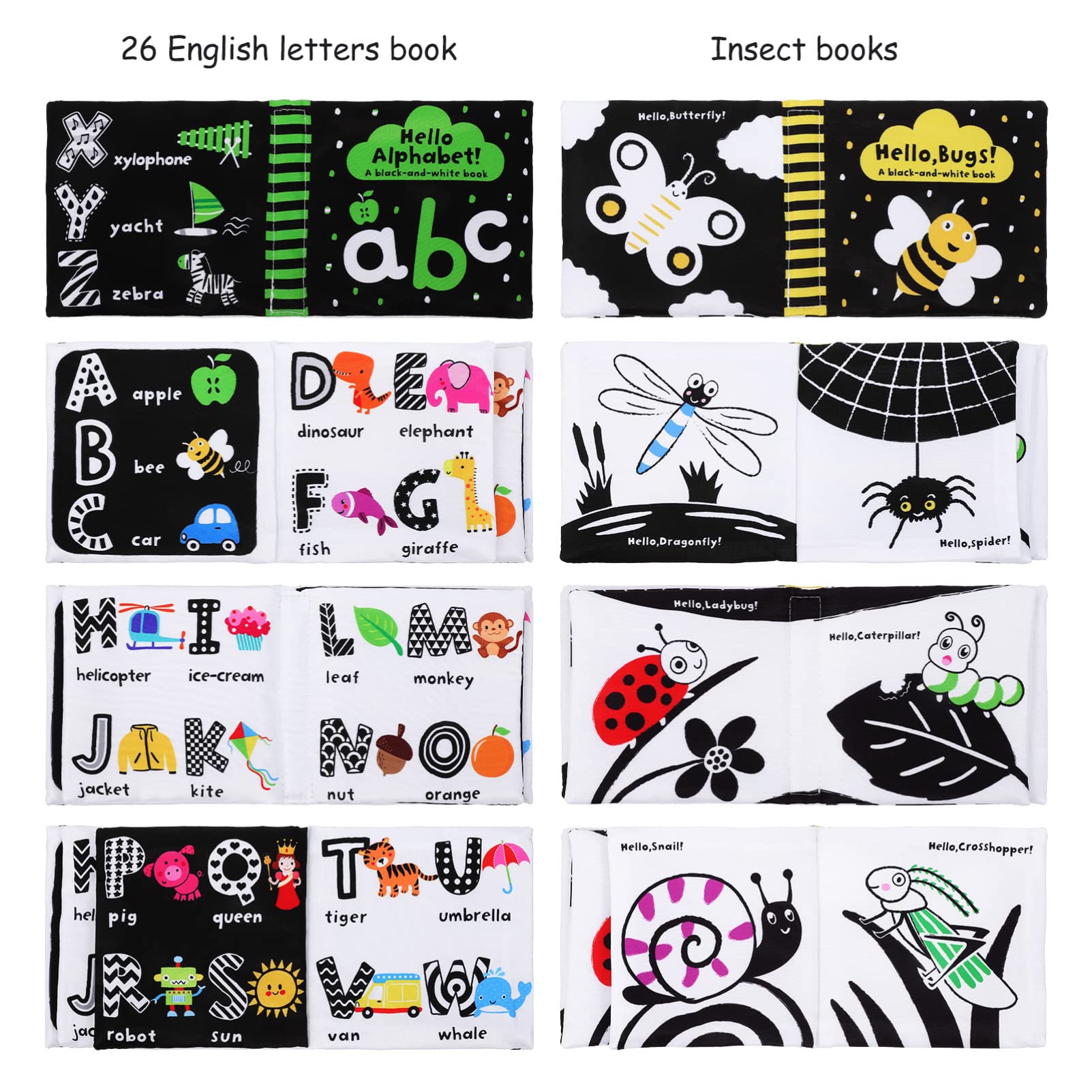 Toyvian 2 Pcs Baby Soft Cloth Book, Black and White High Contrast Baby Activity Crinkle Books Early Educational Learning Toys for 0 3 6 9 12 Months Newborn Infants Babies Boys and Girls