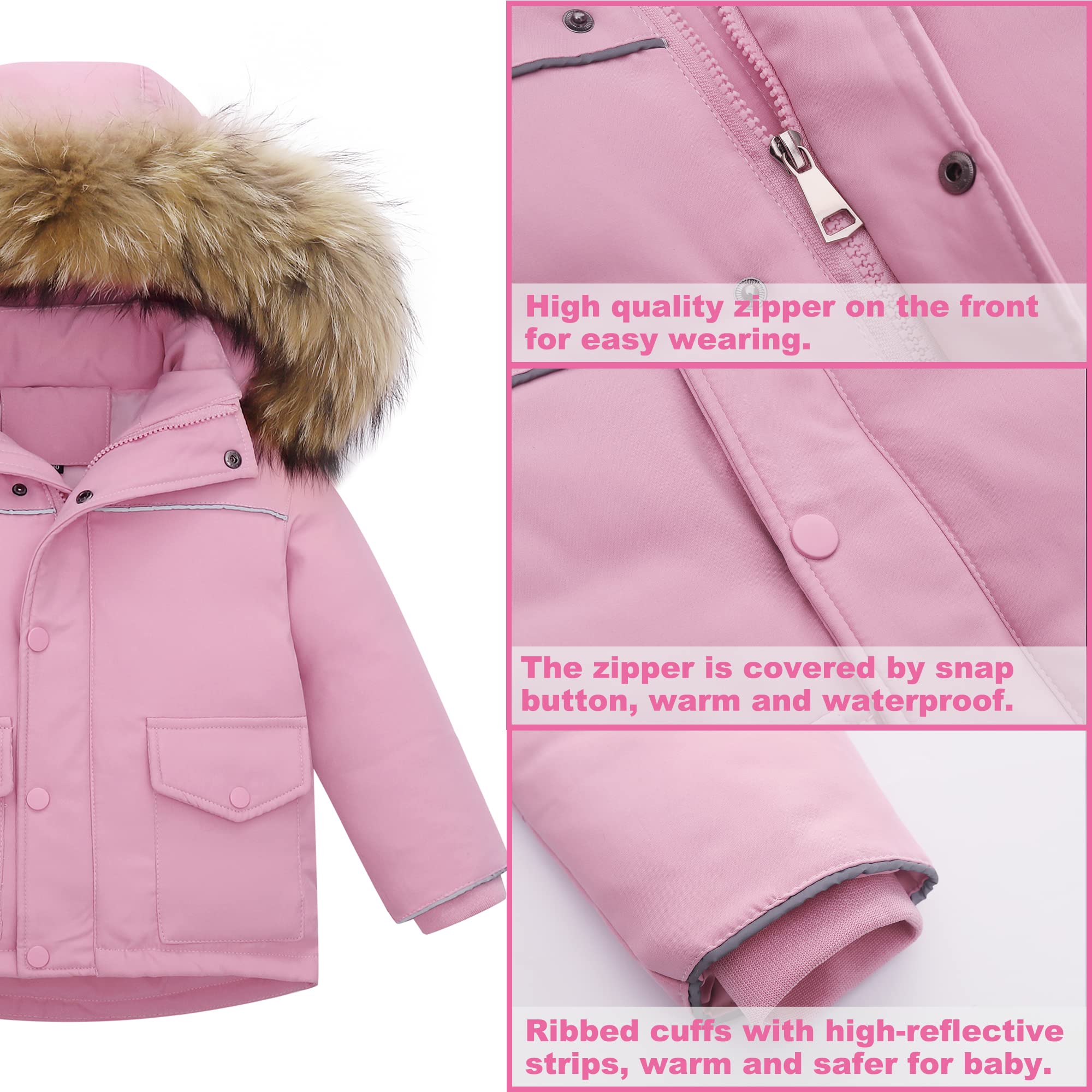 Fewlby Kids 2-Piece Snowsuit Toddler Baby Boys Girls Winter Wear Ski Jacket & Snow Bib Pants Ski Suit, Pink 2-3 Years