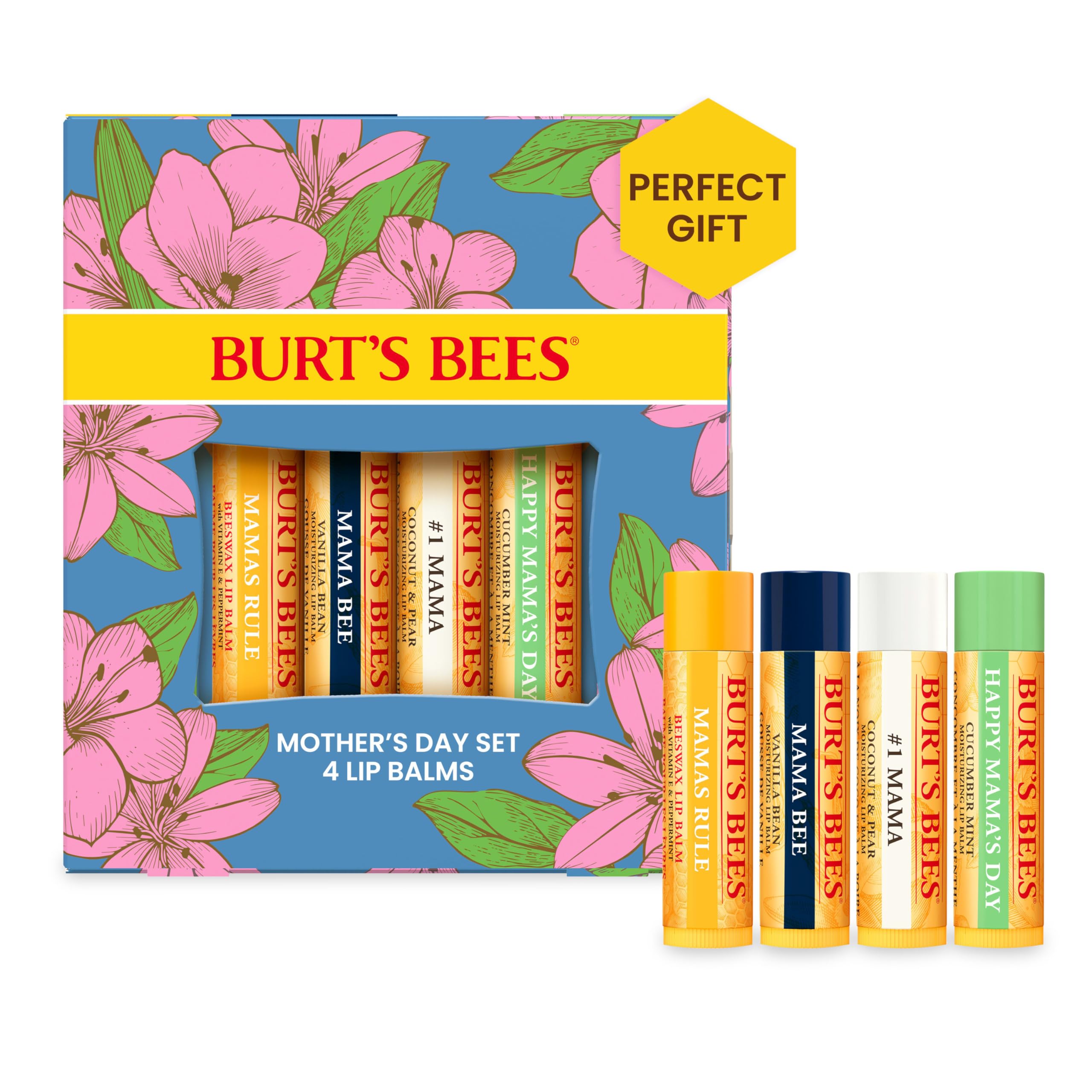 Burt's Bees Stocking Stuffers, Balm Bouquet Lip Balm Set, Original Beeswax, Vanilla Bean, Cucumber Mint, Coconut & Pear Pack, Natural Origin Lip Treatment Christmas Gifts (4-Pack)