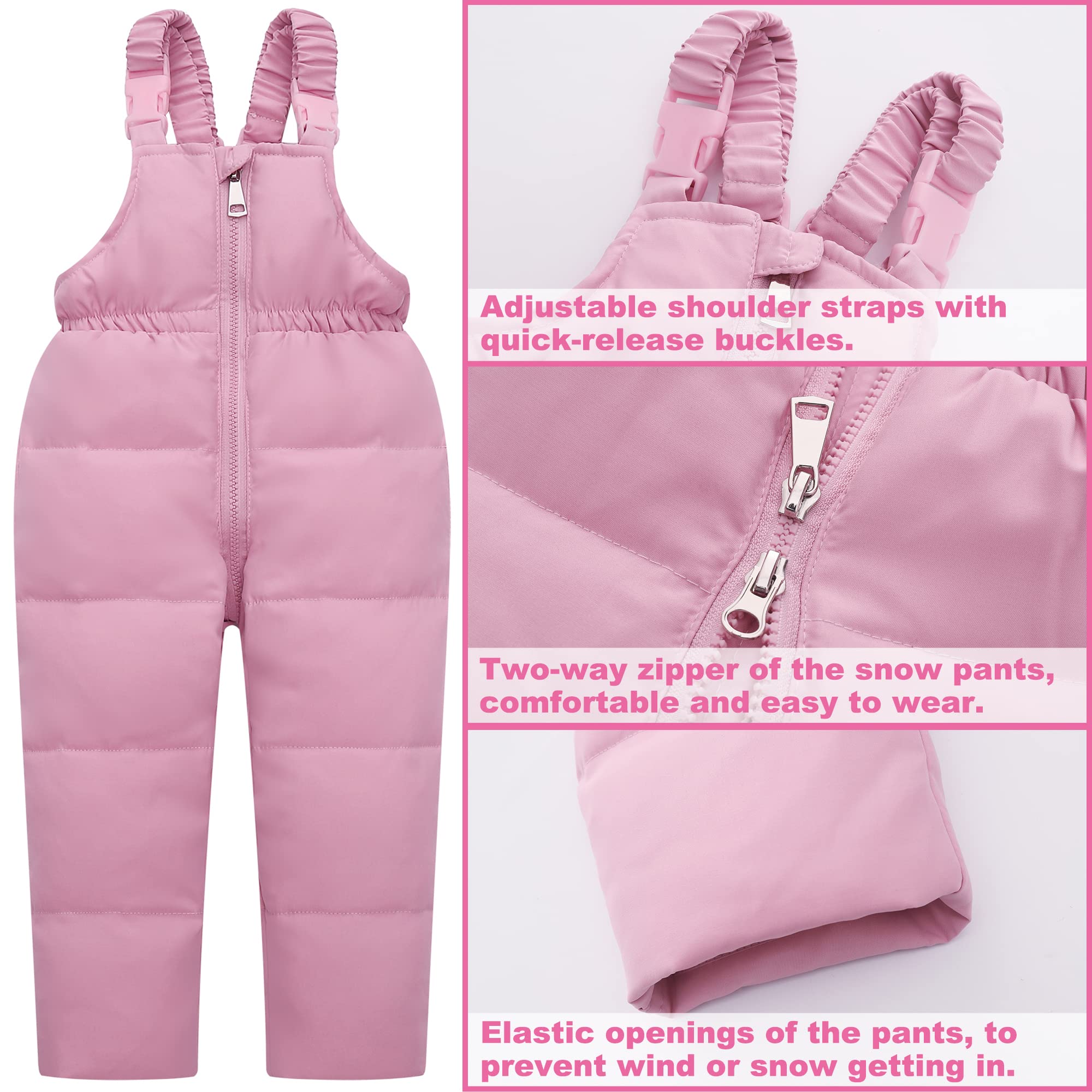 Fewlby Kids 2-Piece Snowsuit Toddler Baby Boys Girls Winter Wear Ski Jacket & Snow Bib Pants Ski Suit, Pink 2-3 Years