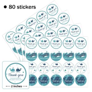 80 Pieces Cute Blue Whale Ocean Thank You Stickers, Baby Shower Birthday Party Decorate Ocean Theme Round Party Gift Wrap Bag Label Decorations, 4 Design Stickers