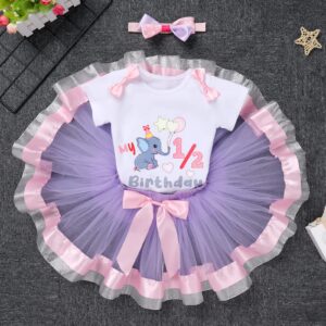 Princess Half/ First/ 2nd Birthday Outfit Girl, Baby Girl Elephant Romper Tutu Skirt Headband Fancy Dress Up Photo Shoot Clothes for Decoration Supplies Purple elephant - my 1/2 birthday 6 Months