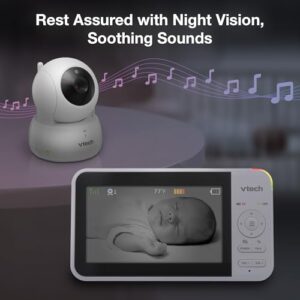 VTech VM924-2 Remote Pan-Tilt-Zoom Baby Monitor with 2 Cameras & Audio,5"LCD Screen,Up to 17Hrs Video Streaming&31Hrs Battery for Audio,Night Vision,1000ft Range,Soothing Sounds,Temperature Sensor