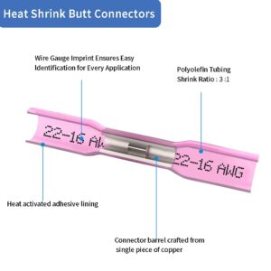 Heat Shrink Butt Wire Connectors, 200 Pcs Red 22-16 AWG Insulated Waterproof Electrical Wire Connectors Automotive Marine Wire Crimp Terminals Butt Splices for Boat, Car