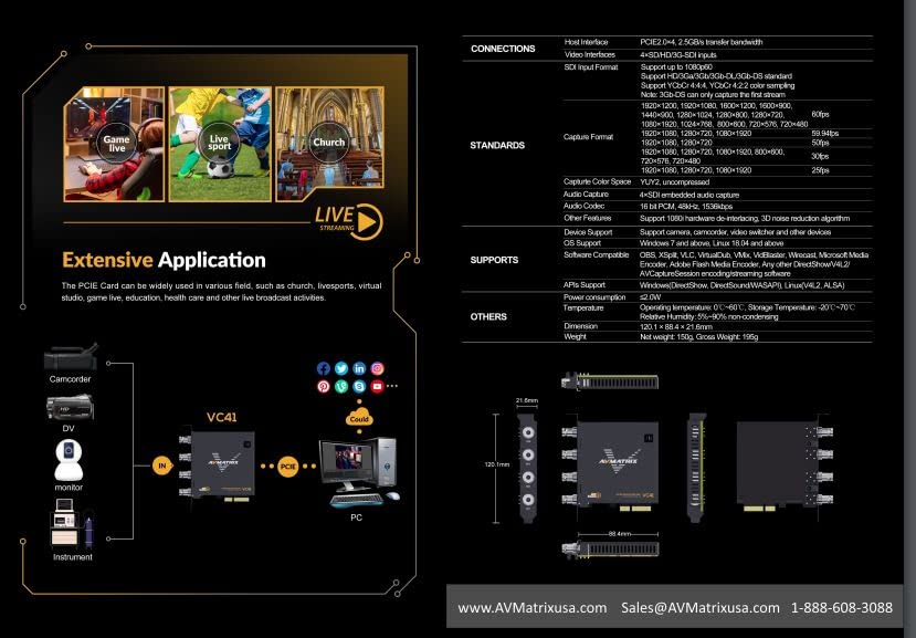 AVMATRIX VC41 4-CH 3G-SDI PCIE simultaneous Input and Capture Card PCIE GEN2×4, 2.5GB/S Transfer Bandwidth Support Portrait and Landscape Mode