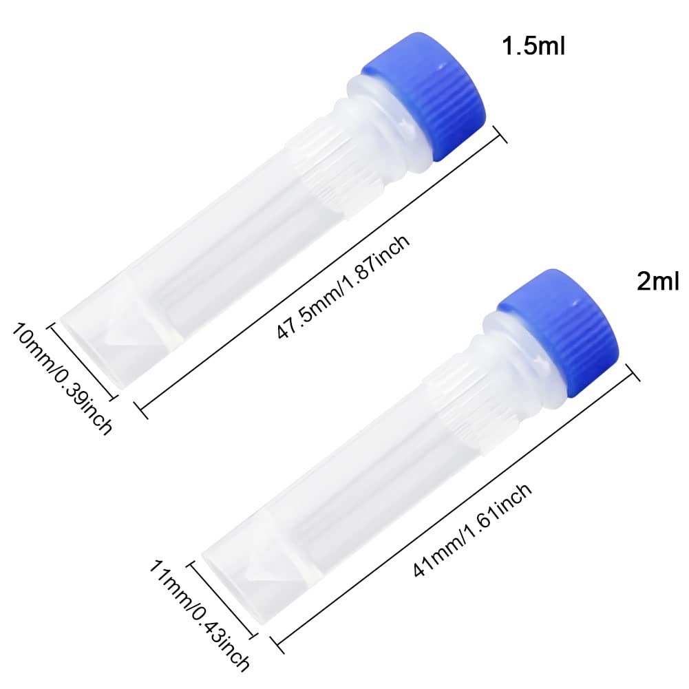 ADAMAS-BETA 20Pcs 2ml Lab Plastic Frozen Test Tubes Cryovial Tubes with Blue Screw Caps Cryogenic Vials Self Standing