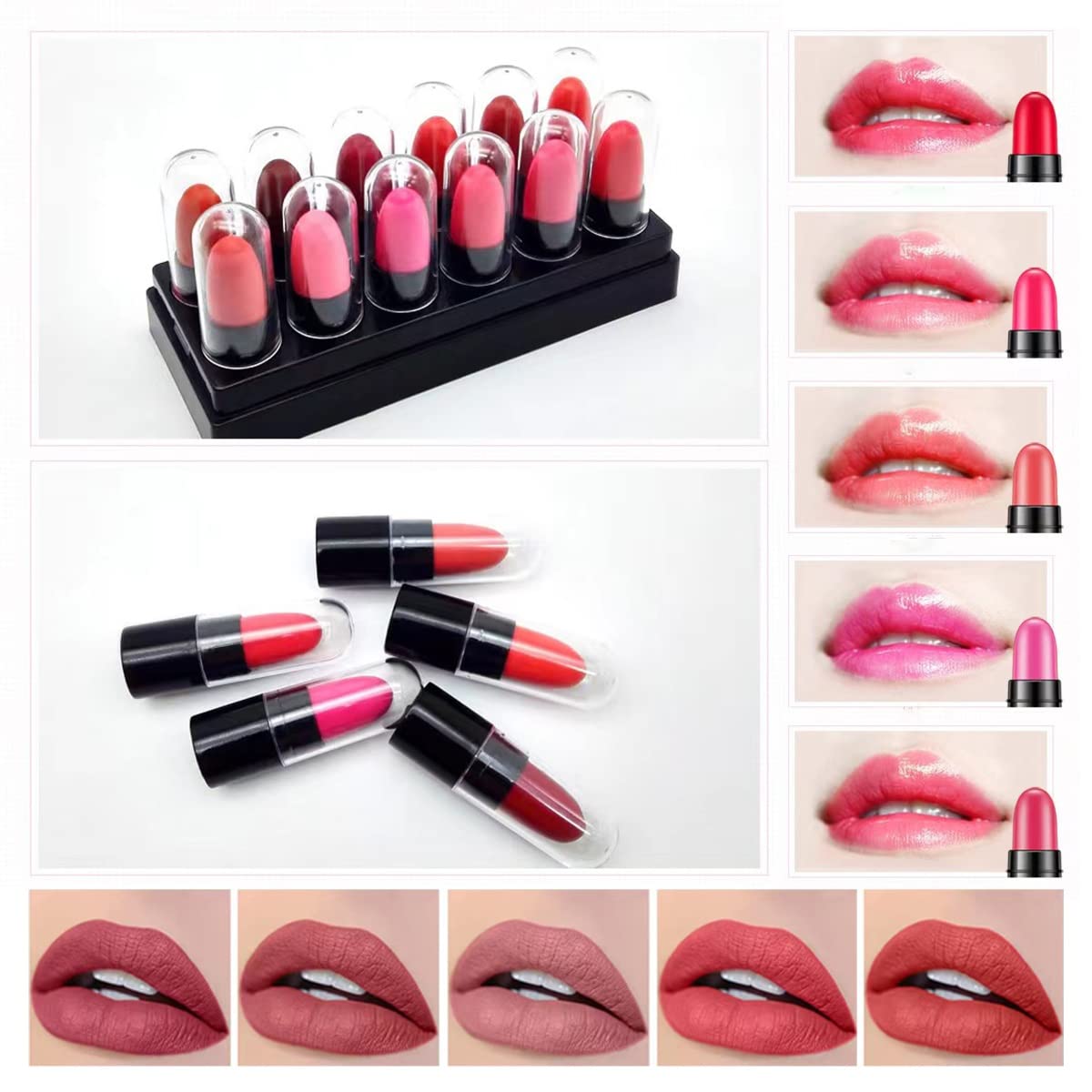 12Pcs Capsule Pills Lipstick Mini Lip Stick Packs Matte Lipstick Set for Women,3 Strawberry Mint Apple Flavor Lip Balm, 3 Changing Color Jelly Magic Lipstick, 3 Matte Lipstick, 3 Metallic Lipstick, Long-Lasting Wear Non-Stick Cup Not Fade Waterproof Lipst