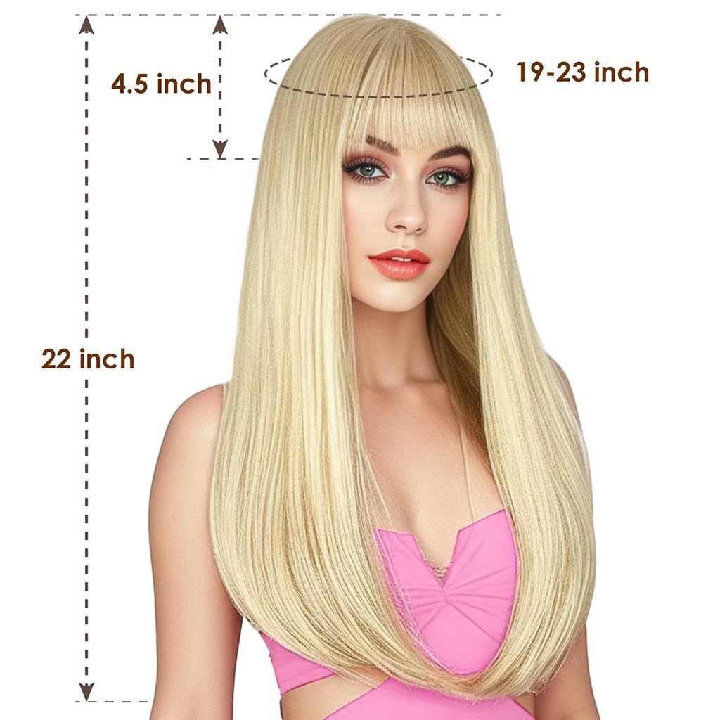 ENTRANCED STYLES Blonde Wig with Bangs, Long Straight Wigs for Women Natural Hair Wigs Synthetic Blonde Wigs for Girls Daily Party Halloween Cosplay Wig 22 Inch