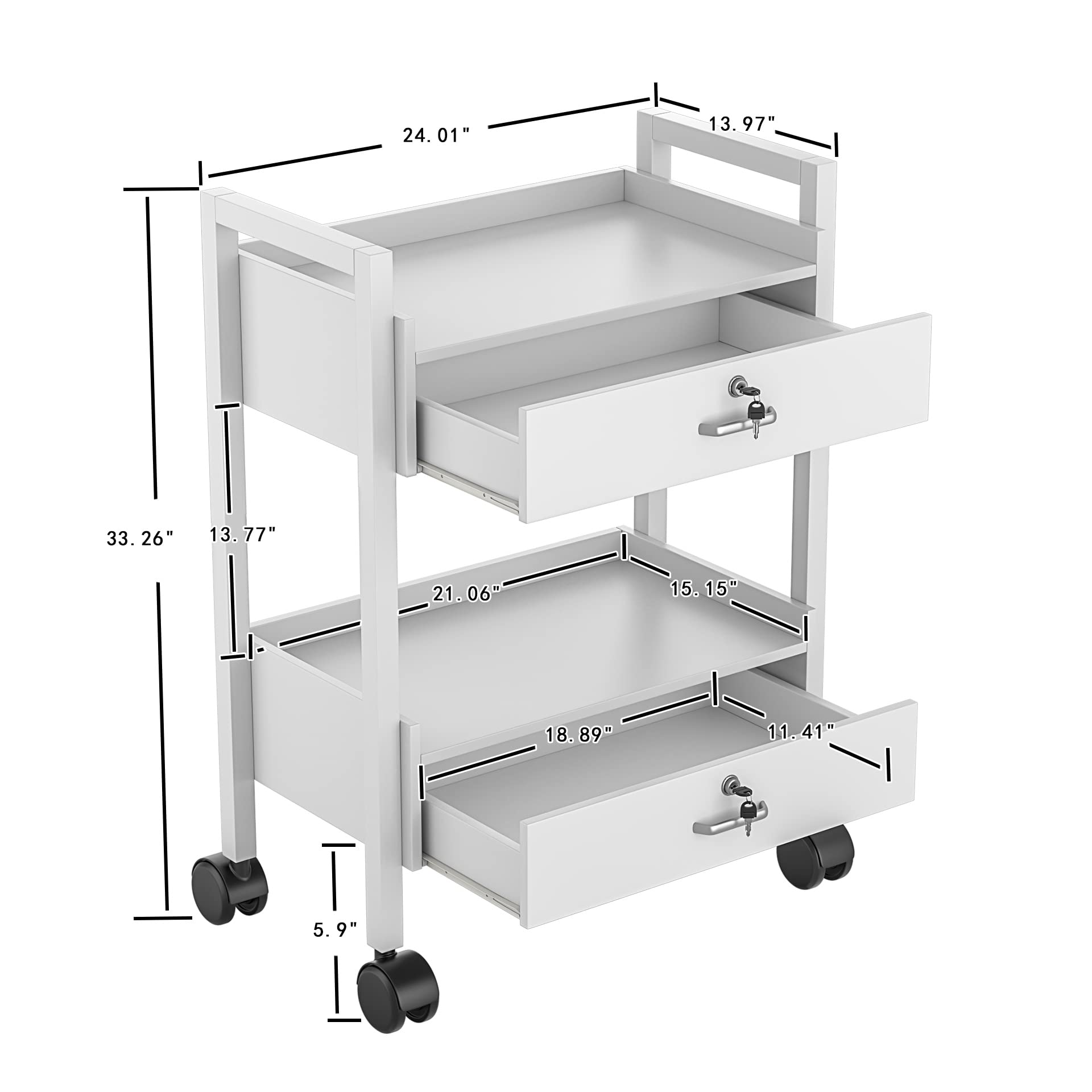 Salon Beauty Cabinet Cart Trolley 2-Layer Rolling Storage Drawer Organizer Wheels Lockable Tool Salon Station Barber Stylist Equipment Makeup Spa Cart (White-2 Layer)