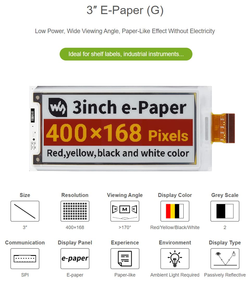 waveshare 3inch E-Paper (G) Raw Display Compatible with Raspberry Pi 4B/3B+/3B/2B/B+/A+/Zero/Zero W/WH/Zero 2W 400×168 Resolution SPI Interface Supports Jetson Nano