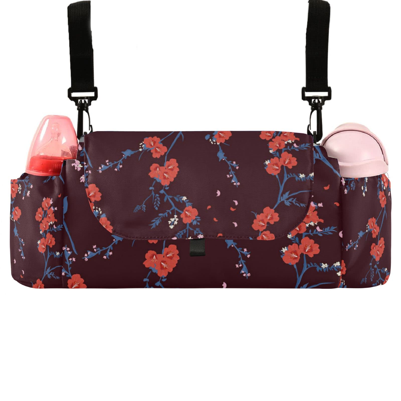 Emelivor Blooming Flower Red Baby Stroller Organizer with Cup Holders Stroller Accessories with Adjustable Shoulder Strap for Phone, Keys, Toys Fit All Strollers