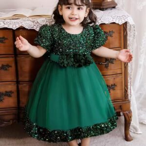 AGQT Toddler Girls Sequin Tutu Dress Big Bow-Knot Princess Short Sleeve Dress Sequin Dress for Babies Lace Birthday Party Elegant Formal Dress Green Size 12-18 Months