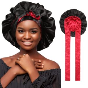 Satin Bonnet Silk Hair Bonnets for Women Curly Hair Wrap for Sleeping Cap Reversible Bonnet with Tie Band Night Cap Double Layer Sleep Cap for Curly Hair (Double-Layer Satin Bonnet (Black + Red)